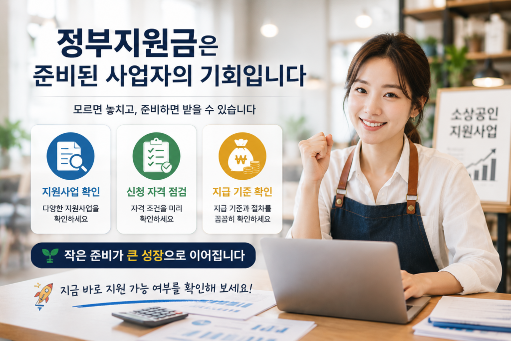 밝고 현대적인 사무실 환경에서 소상공인 사업자가 노트북을 활용해 정부지원금 정보를 확인하고 있다. 화면에는 지원사업 확인, 신청 자격 점검, 지급 기준 확인 등의 핵심 단계가 아이콘과 함께 정리되어 있으며, 사업 성장과 정부지원금 활용을 강조하는 인포그래픽 이미지.