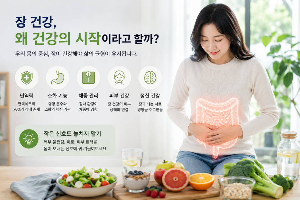 신선한 채소와 과일이 놓인 식탁 앞에서 복부를 감싸고 있는 여성이 장 건강 그래픽과 함께 표현된 현대적인 건강 인포그래픽 이미지. 면역력, 소화 기능, 체중 관리, 피부 건강, 정신 건강 아이콘이 함께 배치되어 장 건강의 중요성을 설명하고 있습니다.