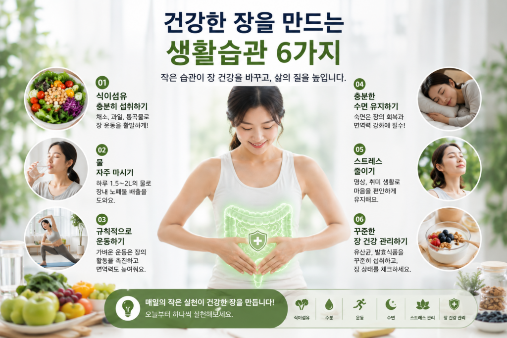 건강한 식단과 운동, 수분 섭취, 숙면, 스트레스 관리 등 장 건강에 도움이 되는 생활습관을 실천하는 여성과 장(腸) 그래픽이 함께 표현된 현대적인 건강 인포그래픽 이미지