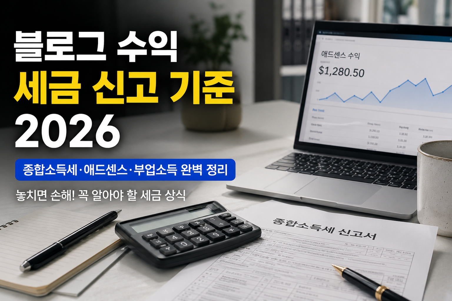 노트북 화면에 애드센스 수익 그래프가 표시되고, 책상 위에는 계산기와 종합소득세 신고서가 놓여 있는 현대적인 사무실 환경의 썸네일 이미지. ‘블로그 수익 세금 신고 기준 2026’ 문구가 강조되어 있으며 애드센스, 종합소득세, 부업소득 관련 세금 정보를 다루는 콘텐츠를 표현합니다.