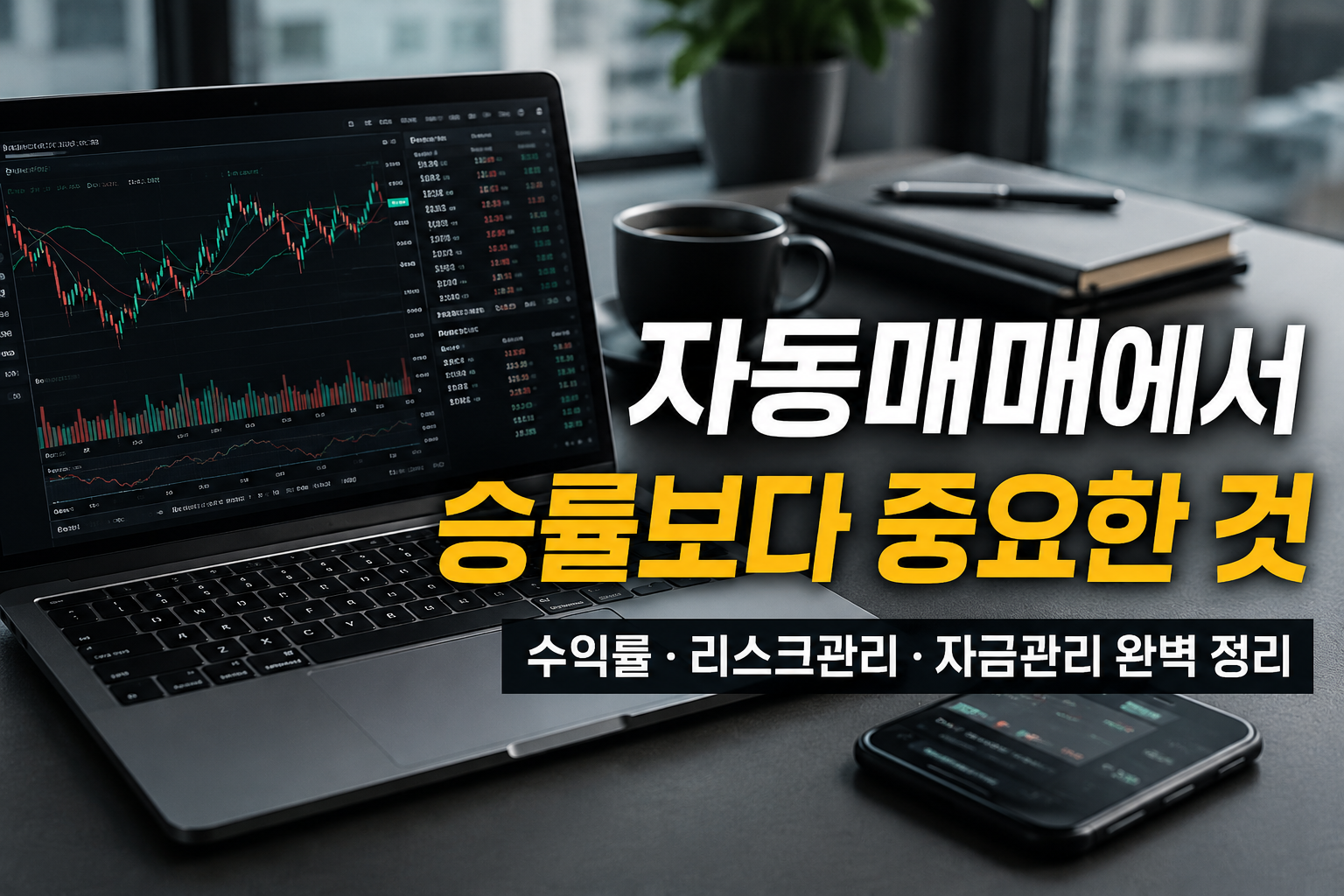 트레이딩 데스크를 배경으로 ‘자동매매에서 승률보다 중요한 것’이라는 문구가 강조된 투자 전략 썸네일 이미지