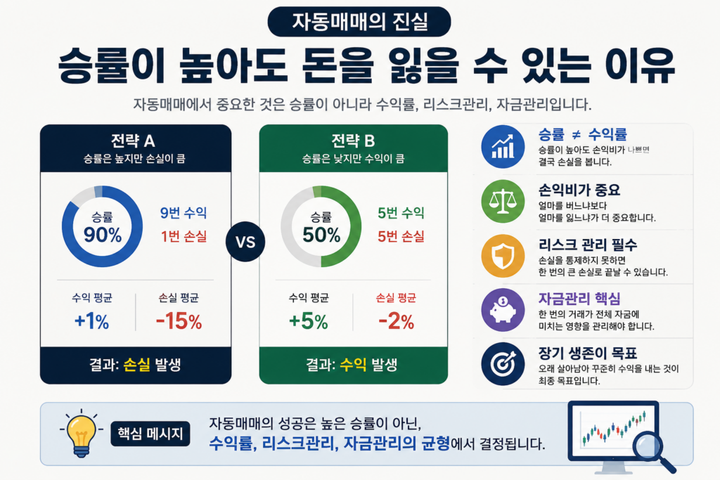 주식 차트와 투자 데이터를 배경으로 ‘승률이 높아도 돈을 잃을 수 있는 이유’라는 제목이 강조된 자동매매 인포그래픽 이미지. 승률 90% 전략과 승률 50% 전략을 비교하며 승률보다 손익비, 수익률, 리스크관리, 자금관리가 더 중요하다는 점을 시각적으로 설명하고 있습니다.