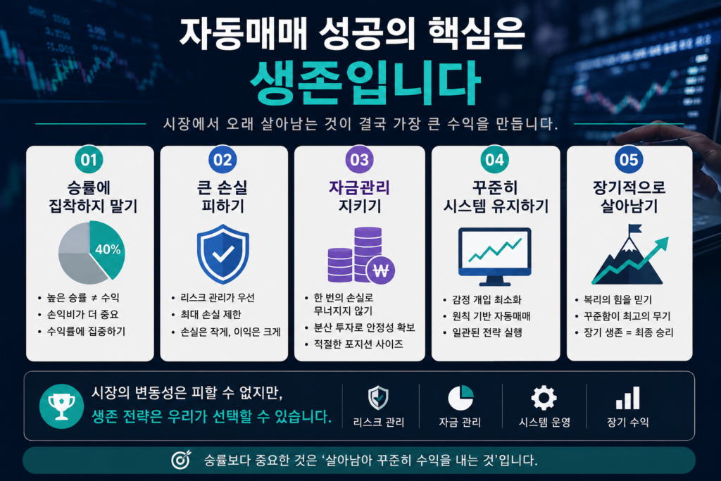 대형 주식 차트 모니터와 자동매매 시스템 화면을 배경으로 ‘자동매매 성공의 핵심은 생존입니다’라는 제목이 강조된 현대적인 투자 인포그래픽 이미지. 승률에 집착하지 않기, 큰 손실 피하기, 자금관리 지키기, 시스템 유지하기, 장기적으로 살아남기 등의 핵심 원칙을 시각적으로 정리하여 자동매매의 성공 전략을 설명합니다.
