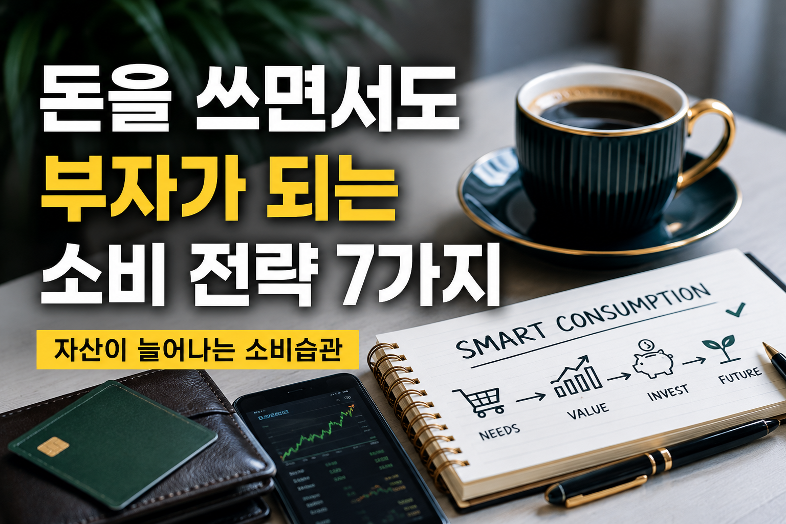 고급스러운 커피잔, 가계부 노트, 스마트폰, 카드지갑이 놓인 현대적인 책상 위에 ‘돈을 쓰면서도 부자가 되는 소비 전략 7가지’라는 문구가 강조된 재테크 썸네일 이미지. 자산을 늘리는 소비습관과 현명한 돈 관리 전략을 상징적으로 표현하고 있습니다.