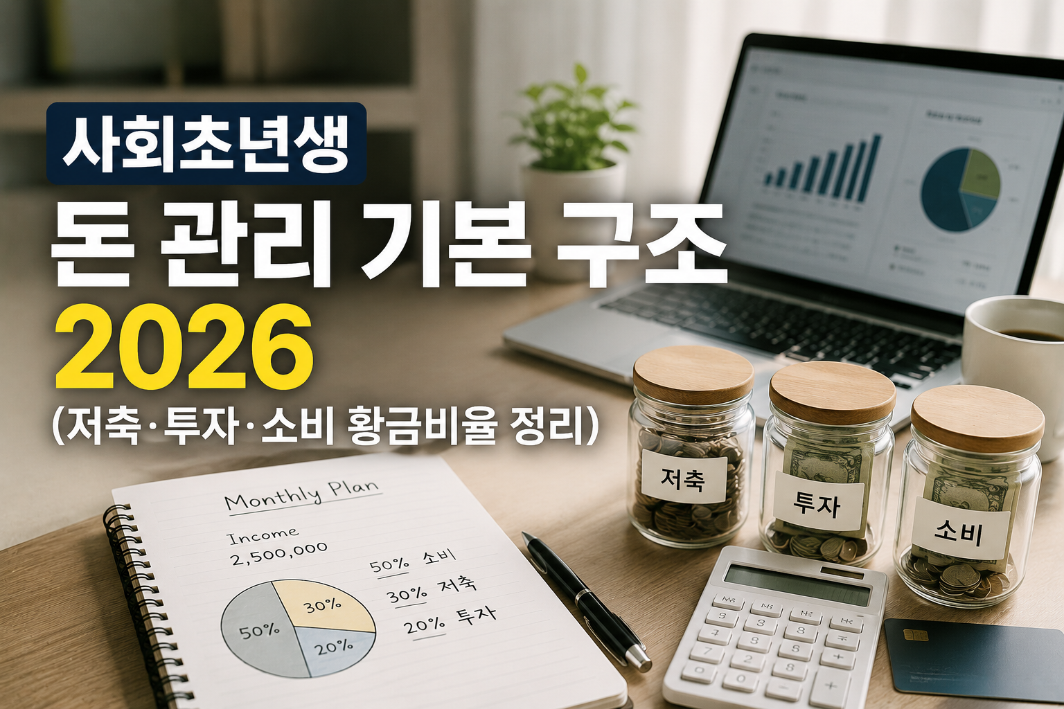 노트북, 계산기, 가계부 노트, 커피잔이 놓인 현대적인 홈오피스 책상 위에 저축·투자·소비라고 표시된 자산관리 유리병이 배치된 재테크 썸네일 이미지. ‘사회초년생 돈 관리 기본 구조 2026’라는 문구가 강조되어 있으며, 월급 관리와 자산 형성의 기본 원칙을 시각적으로 표현하고 있습니다.