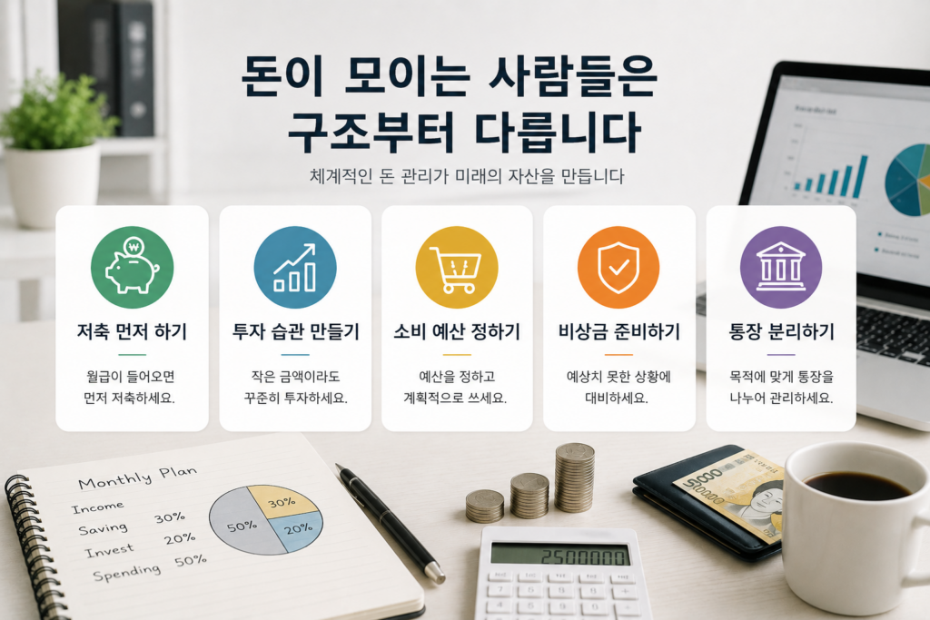 노트북, 가계부 노트, 계산기, 커피잔이 놓인 현대적인 홈오피스 공간을 배경으로 ‘돈이 모이는 사람들은 구조부터 다릅니다’라는 제목이 강조된 재테크 인포그래픽 이미지. 저축 먼저 하기, 투자 습관 만들기, 소비 예산 정하기, 비상금 준비하기, 통장 분리하기 등 사회초년생이 알아야 할 돈 관리 기본 구조를 시각적으로 표현하고 있습니다.