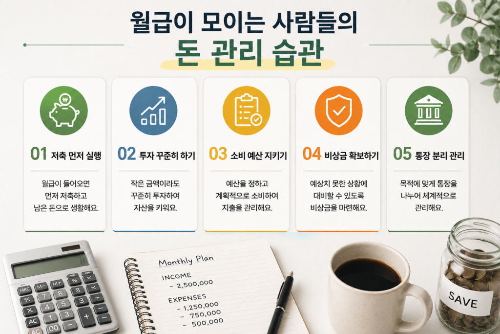 노트북, 가계부 노트, 계산기, 저금통, 커피잔이 놓인 현대적인 홈오피스 공간을 배경으로 ‘월급이 모이는 사람들의 돈 관리 습관’이라는 제목이 강조된 재테크 인포그래픽 이미지. 저축 먼저 실행하기, 투자 꾸준히 하기, 소비 예산 지키기, 비상금 확보하기, 통장 분리 관리 등 사회초년생의 자산 형성 원칙을 시각적으로 표현하고 있습니다.