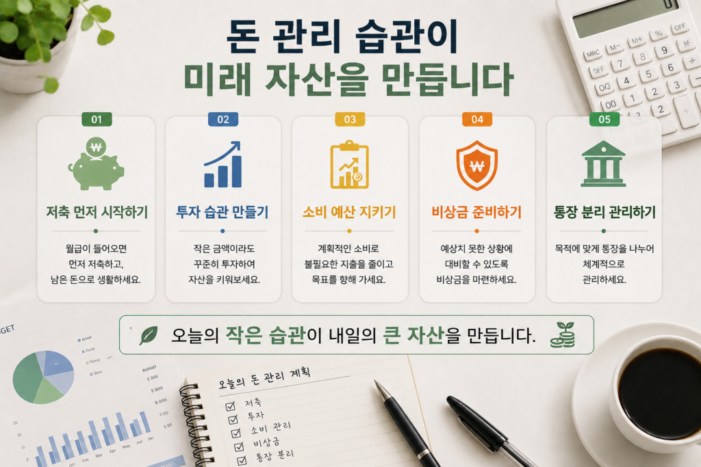 밝고 현대적인 홈오피스 공간을 배경으로 노트북, 가계부 노트, 계산기, 커피잔, 화분이 배치된 재테크 인포그래픽 이미지. ‘돈 관리 습관이 미래 자산을 만듭니다’라는 제목과 함께 저축, 투자, 소비 관리, 비상금 준비, 통장 분리 관리 등 사회초년생이 실천해야 할 핵심 돈 관리 습관을 시각적으로 표현하고 있습니다.