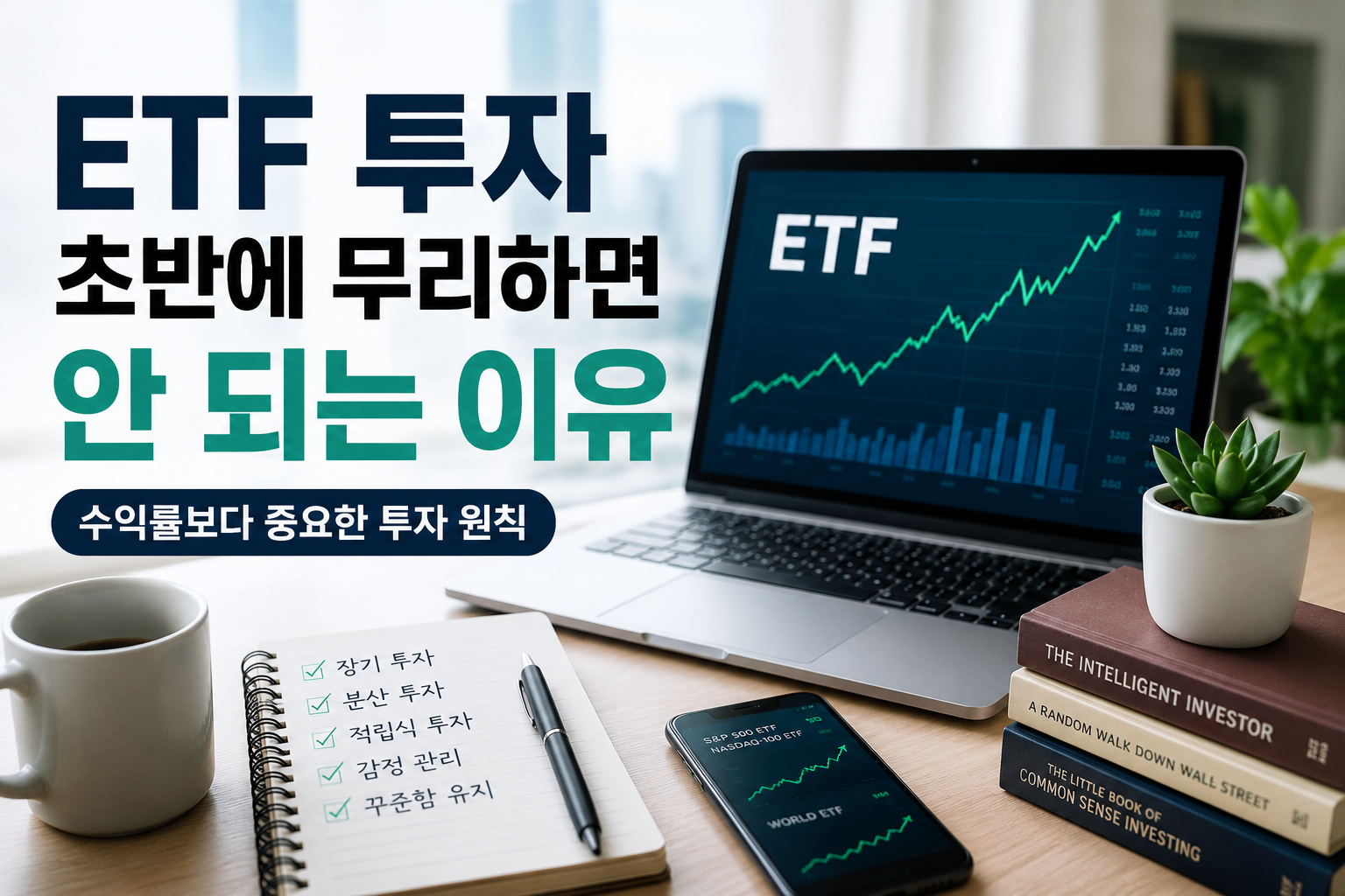 노트북에 ETF 투자 차트가 표시된 현대적인 홈오피스 공간을 배경으로 ‘ETF 투자 초반에 무리하면 안 되는 이유’라는 제목이 강조된 인포그래픽 이미지. 장기 투자, 분산 투자, 적립식 투자, 감정 관리, 꾸준함 유지 등 ETF 투자의 핵심 원칙을 시각적으로 표현하고 있습다.