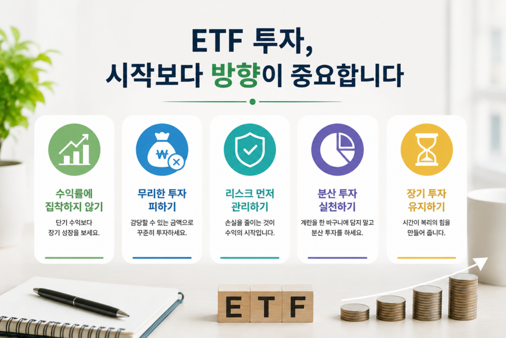 밝고 현대적인 투자용 홈오피스 공간을 배경으로 ‘ETF 투자, 시작보다 방향이 중요합니다’라는 제목이 강조된 인포그래픽 이미지. 수익률에 집착하지 않기, 무리한 투자 피하기, 리스크 먼저 관리하기, 분산 투자 실천하기, 장기 투자 유지하기 등 ETF 초보 투자자가 반드시 알아야 할 핵심 투자 원칙을 시각적으로 표현하고 있습다.