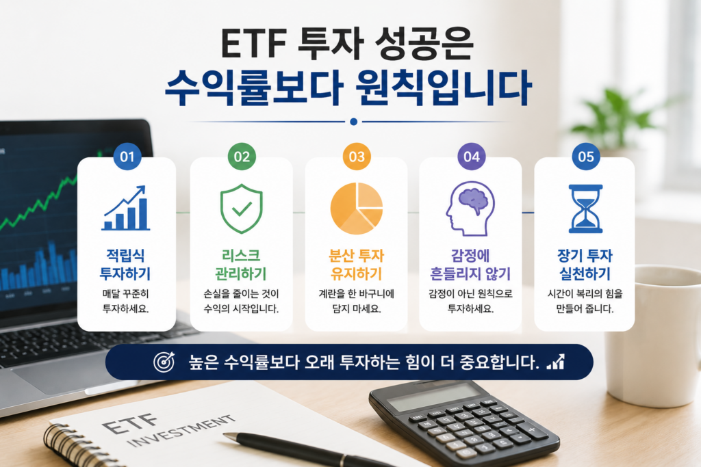 현대적인 투자용 홈오피스 공간을 배경으로 노트북의 ETF 차트, 투자 노트, 계산기, 커피잔이 배치된 인포그래픽 이미지. ‘ETF 투자 성공은 수익률보다 원칙입니다’라는 제목과 함께 적립식 투자, 리스크 관리, 분산 투자, 감정 통제, 장기 투자 실천 등 ETF 투자의 핵심 원칙을 시각적으로 표현하고 있습다.