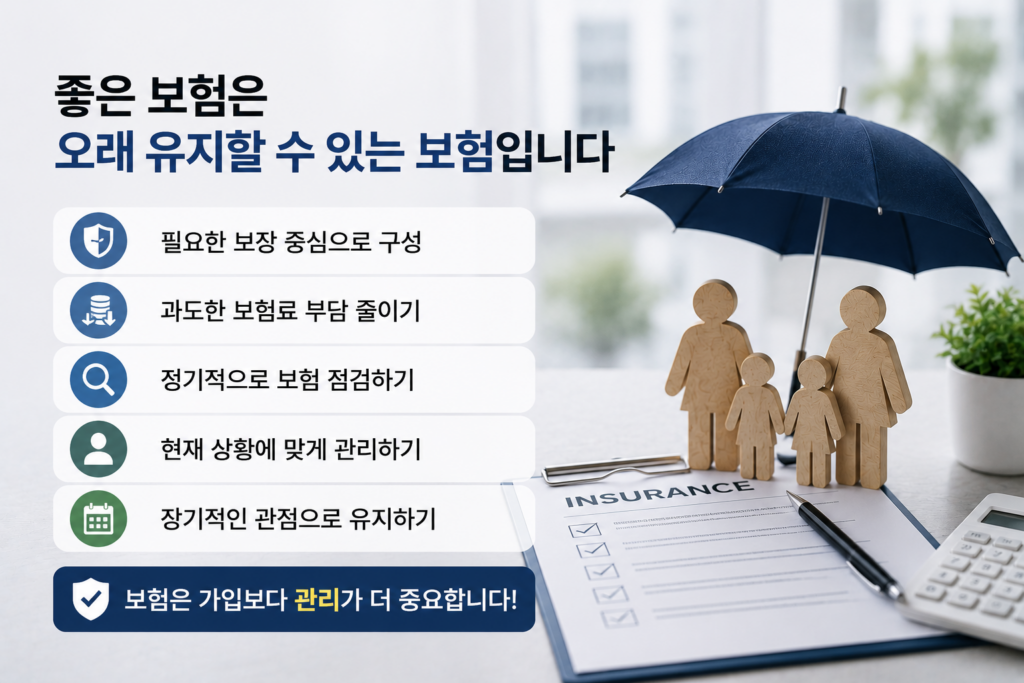 가족을 상징하는 목재 인형과 보호 우산, 보험 증권 서류, 계산기가 함께 배치되어 있으며 장기적으로 유지할 수 있는 좋은 보험의 조건을 설명하는 현대적인 보험 인포그래픽 이미지.