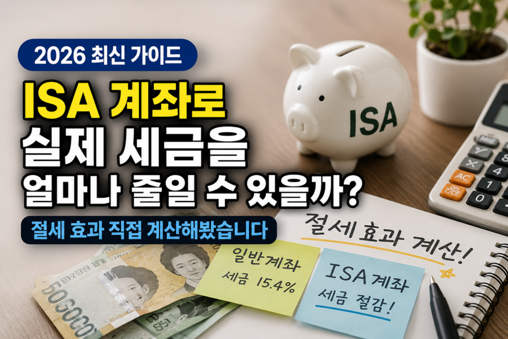 2026 ISA 계좌 절세 효과를 실제 계산 예시와 함께 설명하는 돼지저금통, 계산기, 현금, 절세 계산 노트가 있는 금융 투자 썸네일 이미지