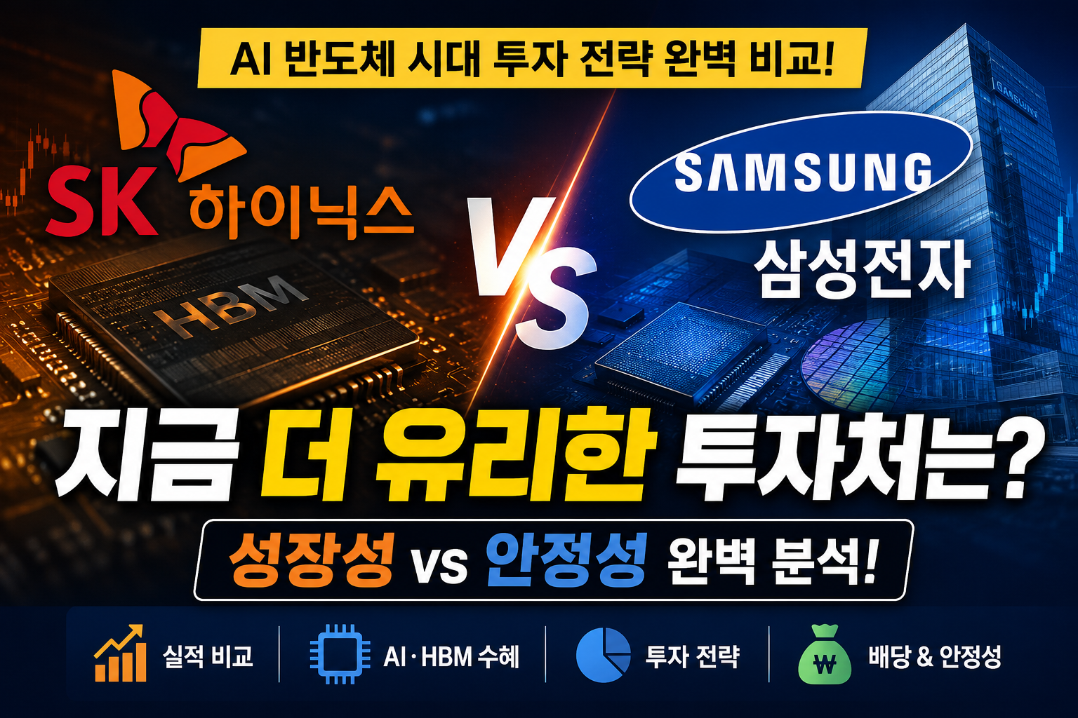 AI 반도체 시대를 배경으로 SK하이닉스와 삼성전자의 투자 매력을 비교하는 썸네일. HBM과 AI 반도체, 성장성과 안정성을 중심으로 두 기업의 투자 전략을 시각적으로 표현한 이미지.