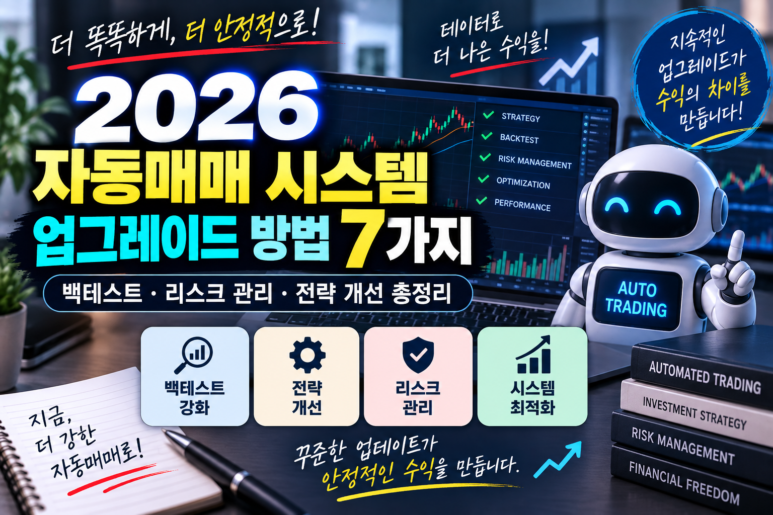2026 자동매매 시스템 업그레이드 방법 7가지, 백테스트와 리스크 관리·전략 개선·시스템 최적화를 표현한 썸네일
