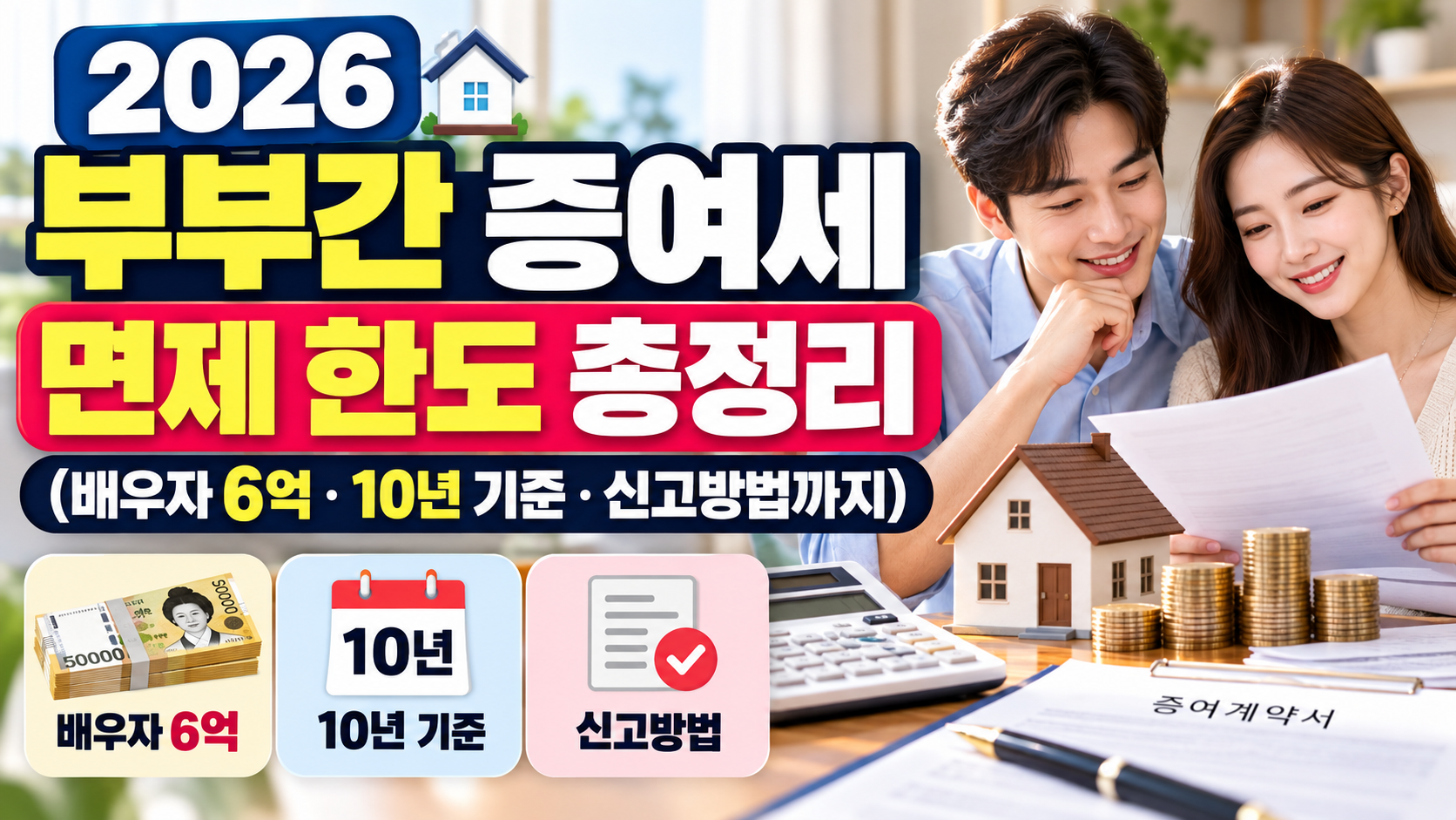 2026 부부간 증여세 면제 한도와 배우자 6억 원 공제, 10년 기준, 신고방법을 정리한 이미지