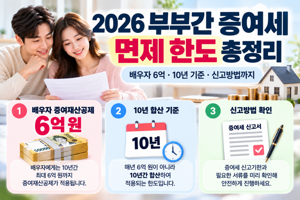 배우자 증여재산공제 6억 원과 10년 합산 기준, 증여세 신고방법을 정리한 인포그래픽