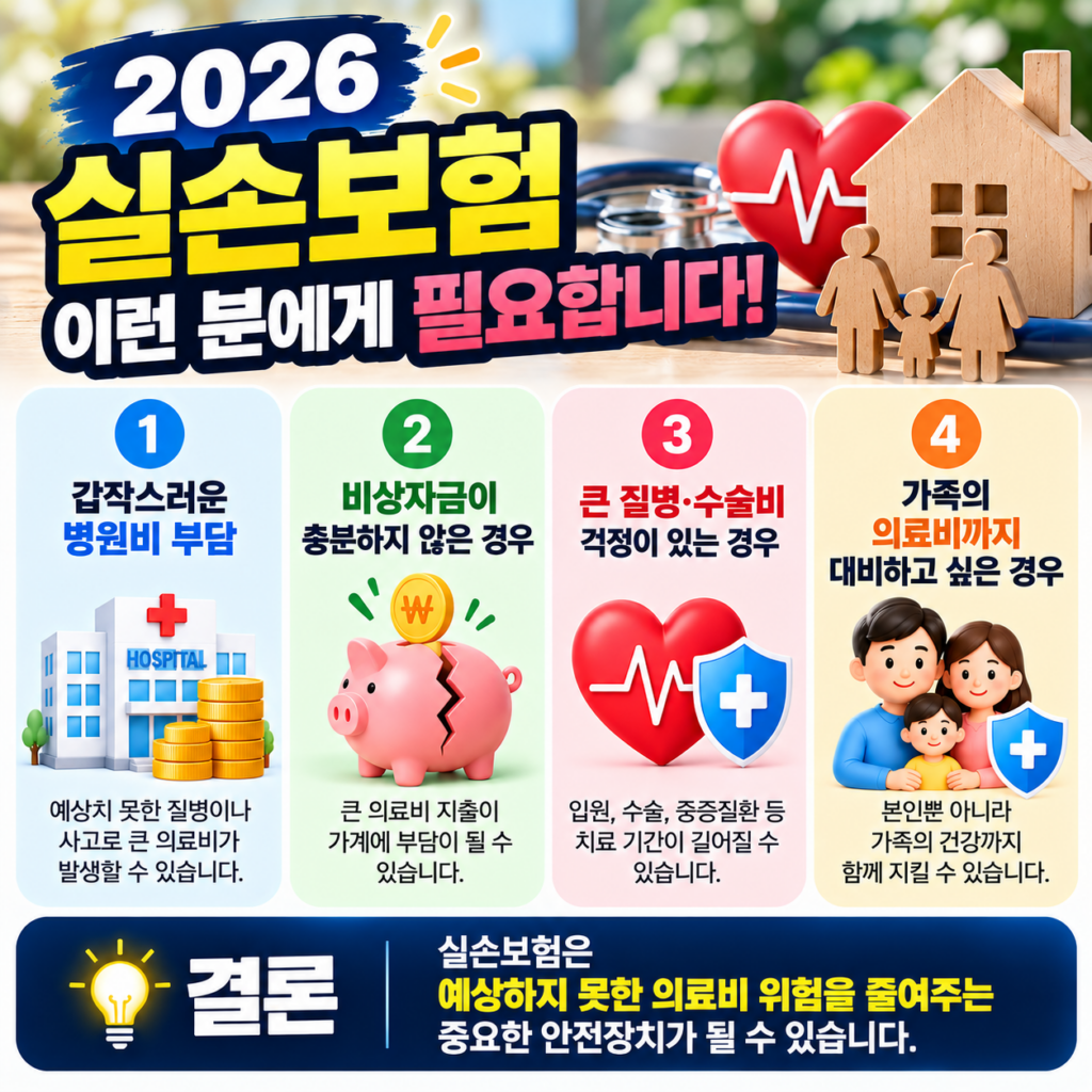 2026 실손보험이 필요한 사람의 특징과 병원비 부담, 비상자금 부족, 중증질환 및 가족 의료비 대비를 정리한 인포그래픽