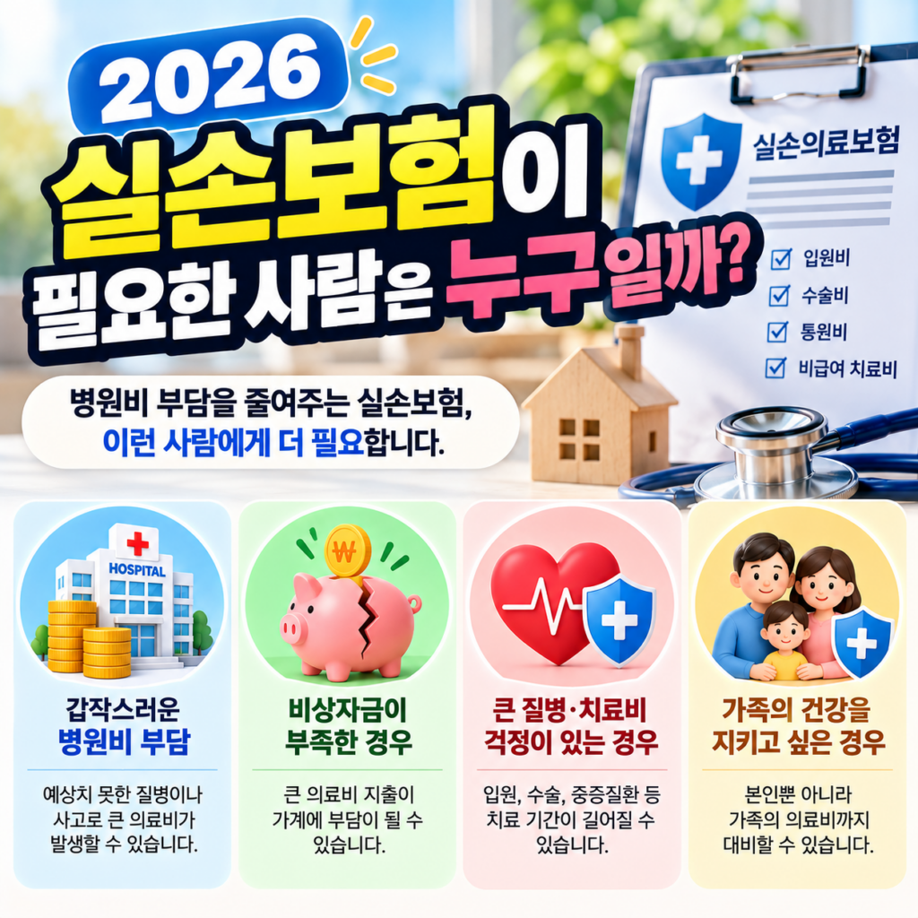 2026 실손보험이 필요한 사람의 특징과 갑작스러운 병원비, 비상자금 부족, 중증질환 치료비 부담을 설명한 인포그래픽
