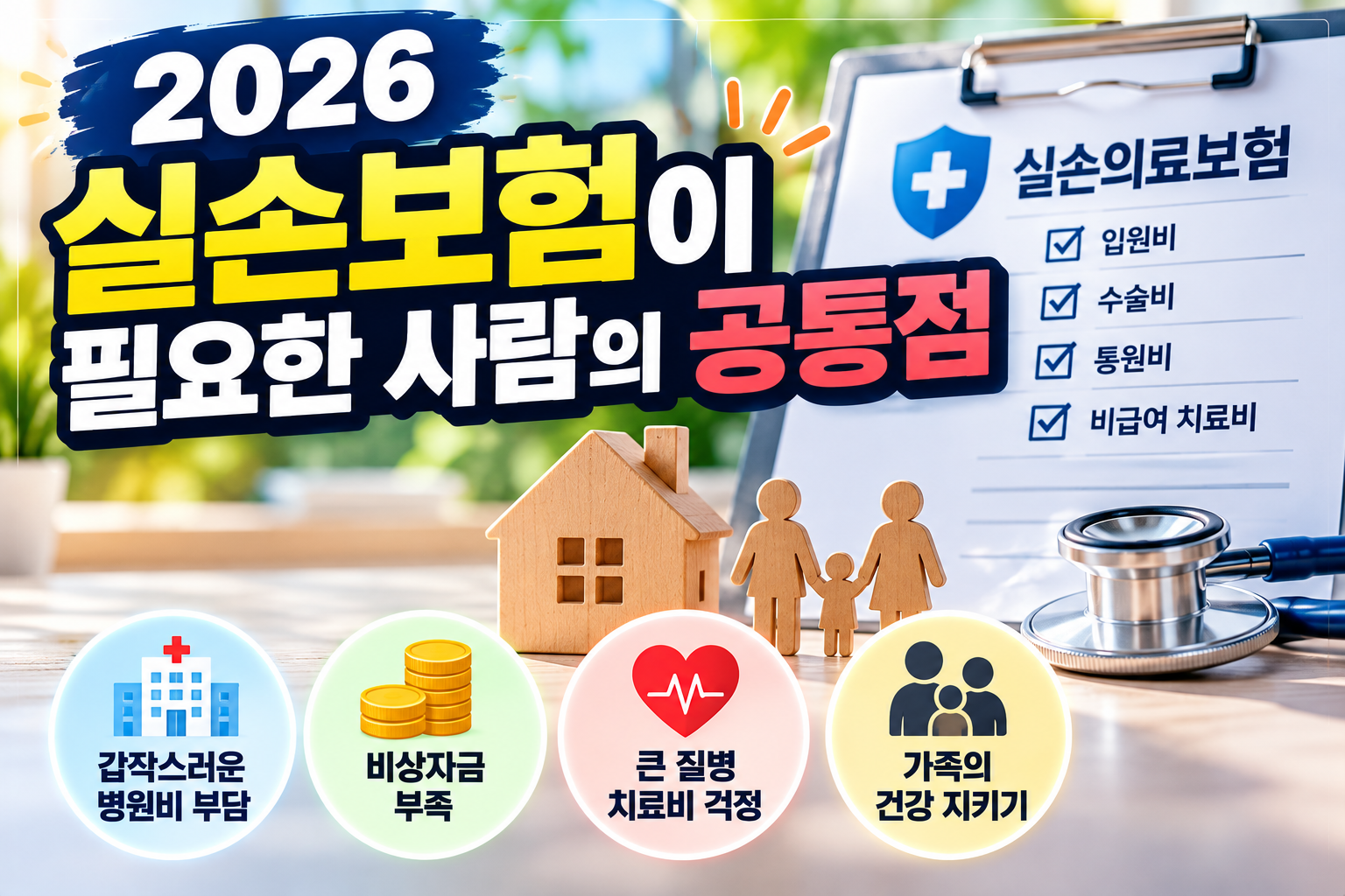 2026 실손보험이 필요한 사람의 공통점과 병원비 부담, 비상자금, 중증질환 치료비 대비를 보여주는 썸네일