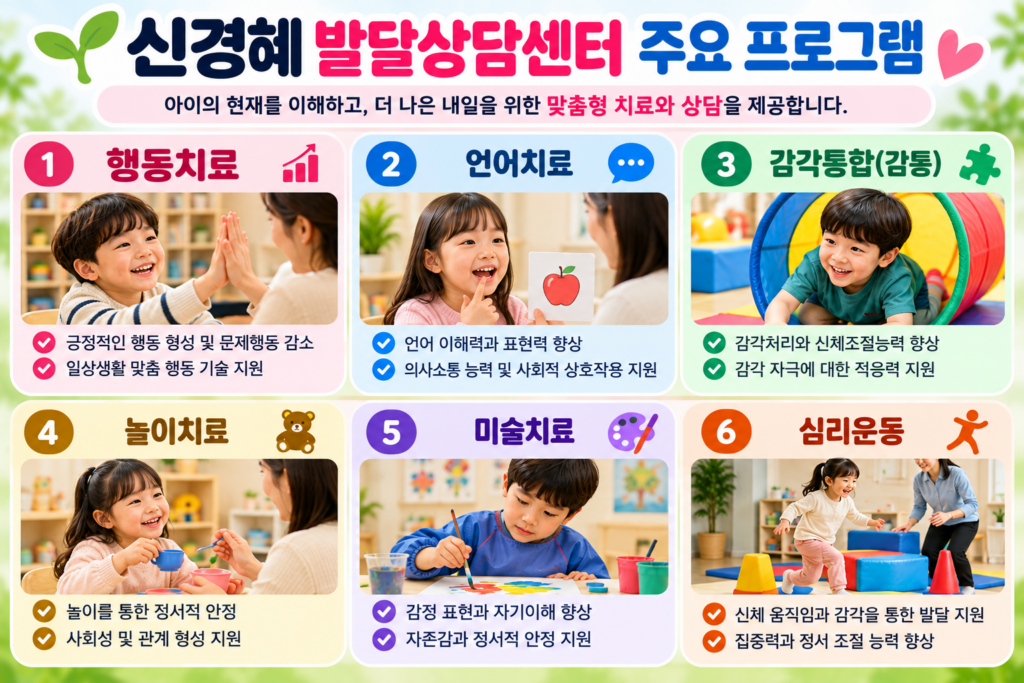 신경혜발달상담센터의 행동치료, 언어치료, 감각통합, 놀이치료, 미술치료, 심리운동 등 6가지 주요 프로그램을 소개하는 인포그래픽