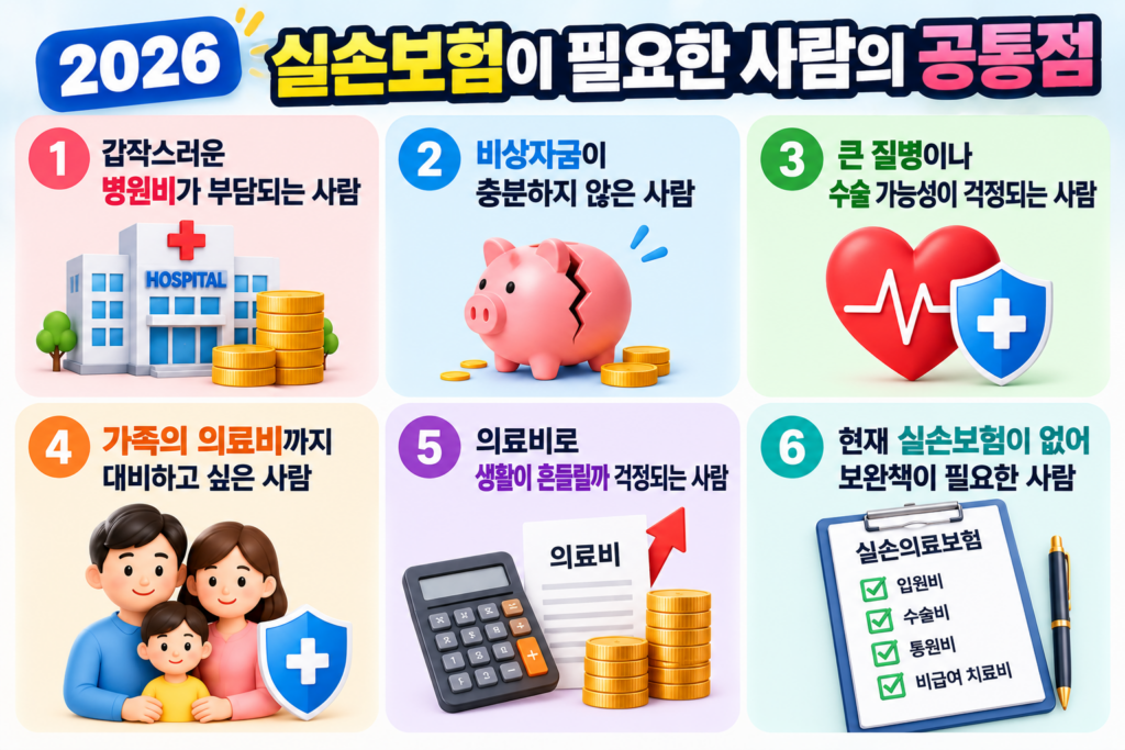 2026 실손보험이 필요한 사람의 공통점으로 병원비 부담, 비상자금 부족, 중증질환 치료비와 가족 의료비 대비를 정리한 인포그래픽