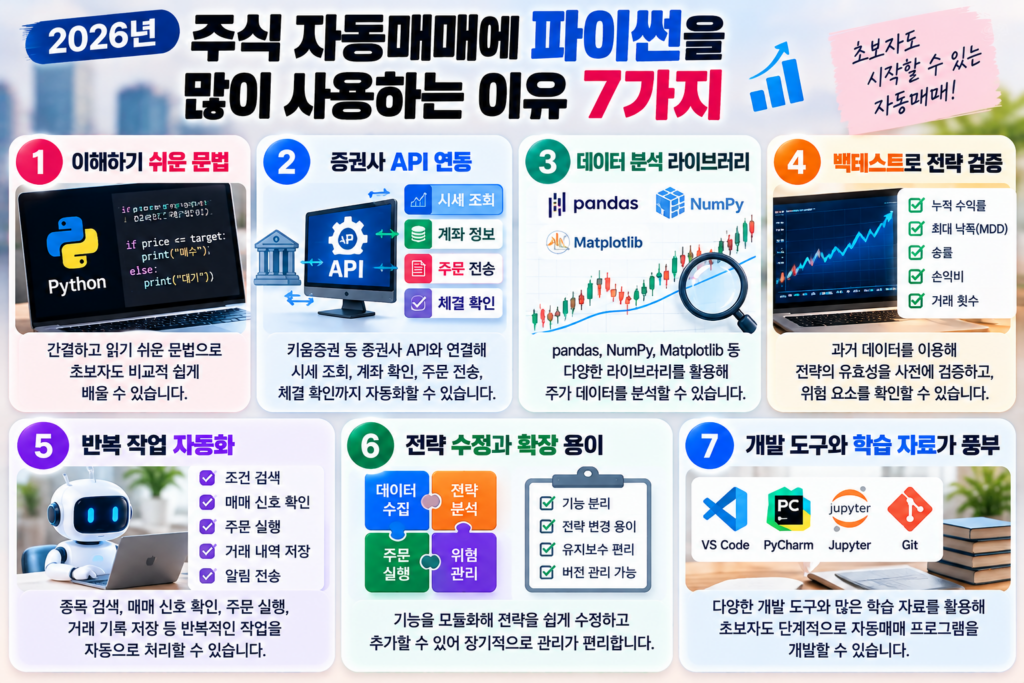 2026 주식 자동매매에 파이썬을 많이 사용하는 이유 7가지를 정리한 인포그래픽. 쉬운 문법, 키움증권 등 증권사 API 연동, pandas·NumPy 데이터 분석, 백테스트, 반복 작업 자동화, 전략 수정과 확장, 다양한 개발 도구 활용을 설명한 이미지.