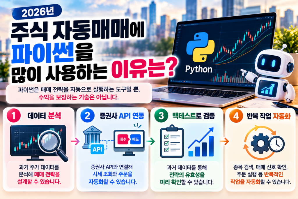 2026 주식 자동매매에 파이썬을 많이 사용하는 이유를 설명하는 인포그래픽. 파이썬 로고와 주식 차트, 자동매매 로봇을 배경으로 데이터 분석, 증권사 API 연동, 백테스트 검증, 반복 작업 자동화 등 핵심 장점 4가지를 정리한 이미지.