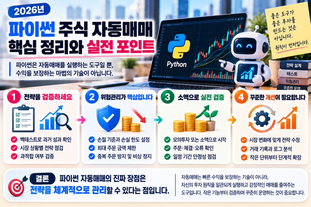 2026 파이썬 주식 자동매매의 핵심 정리와 실전 운영 방법을 설명하는 결론 인포그래픽. 파이썬 로고와 주식 차트, 자동매매 로봇을 배경으로 백테스트를 통한 전략 검증, 손절 기준과 주문 금액 제한 등 위험관리, 소액 실전 검증, 지속적인 전략 개선이라는 핵심 원칙 4가지를 정리한 이미지.